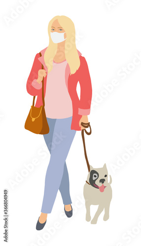 Young woman walking with dog  in medical mask.  Summer 2020. Vector illustration. Coronavirus