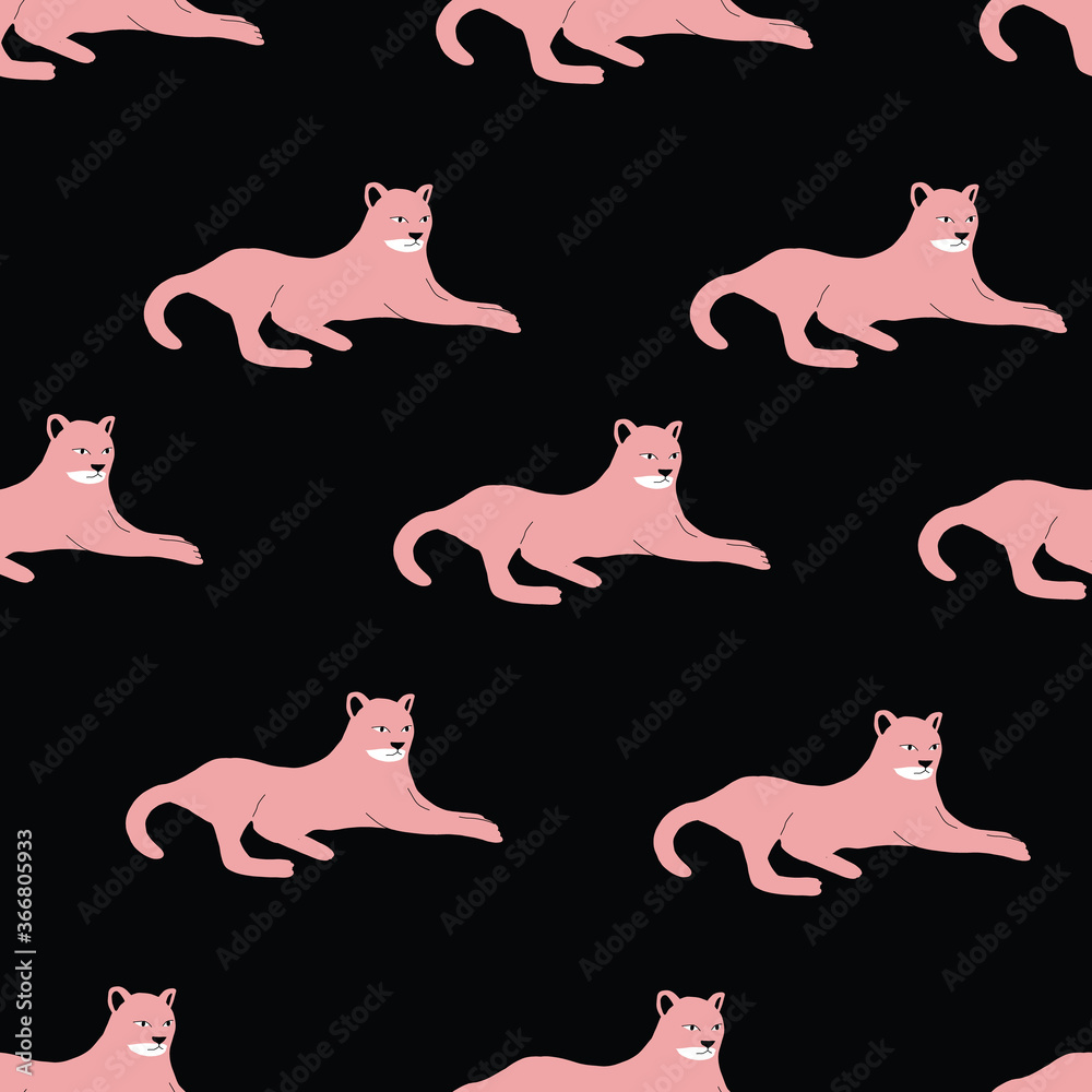 Seamless hand-drawn repeat pink and black leopard animal repeat vector pattern.