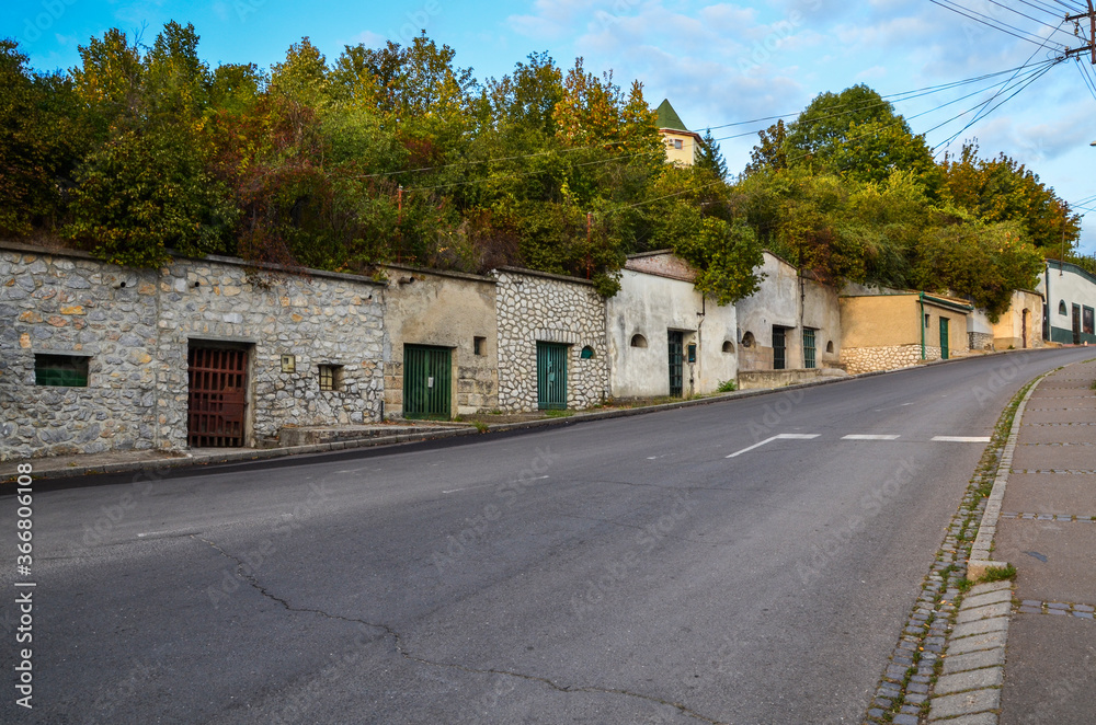 Group of typical outdoor old wine cellars in Eger town famous for its wine production and thermal springs. Valley of the Beautiful Lady. Hungary