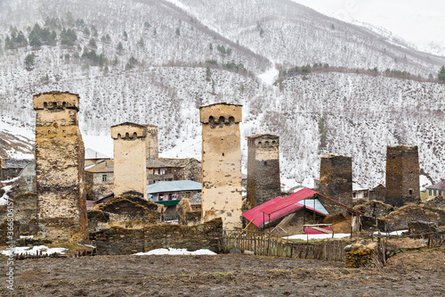 Medieval towers in the Caucasus Mountains, Georgia photo