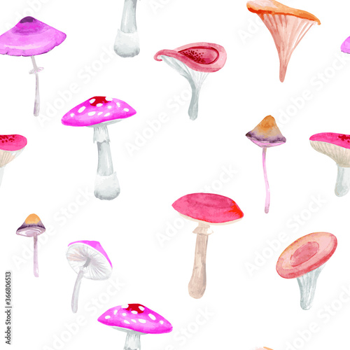 Mushrooms. Hand drawn watercolor painting on white background. Vector pattern