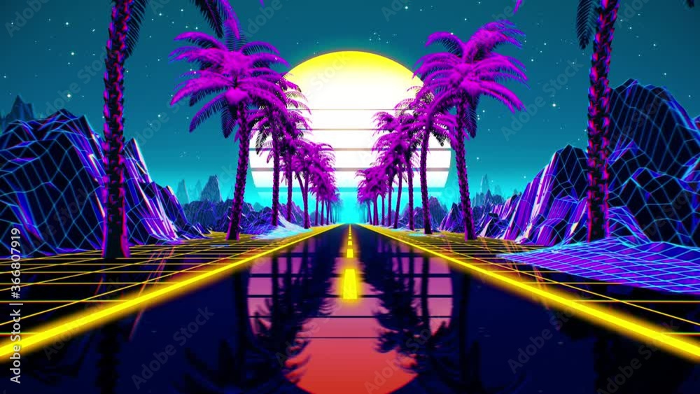 80s retro futuristic sci-fi seamless loop. Retrowave VJ videogame landscape, neon lights and low poly terrain grid. Stylized vintage vaporwave 3D animation background with mountains, sun and stars. 4K