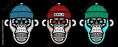 Vector monkey head. Retro wild hipster. Angry chimp with hat.