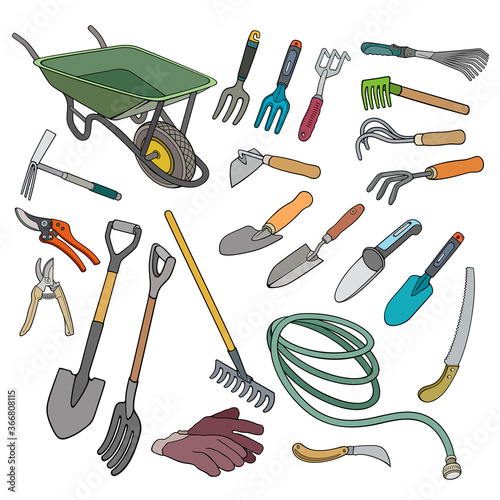 Set of garden cartoon hand drawn elements