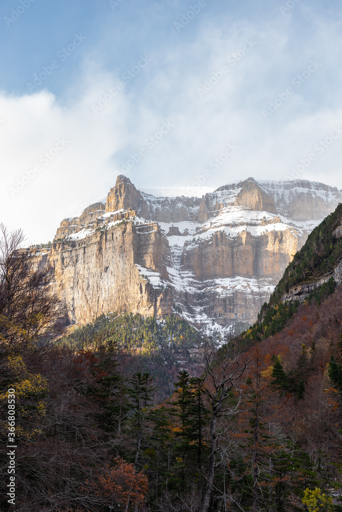 Picturesque view of snow mountains in forest on hill slope on cold autumn day in nature Picturesque view of snow mountains in forest on hill slope on cold autumn day in nature