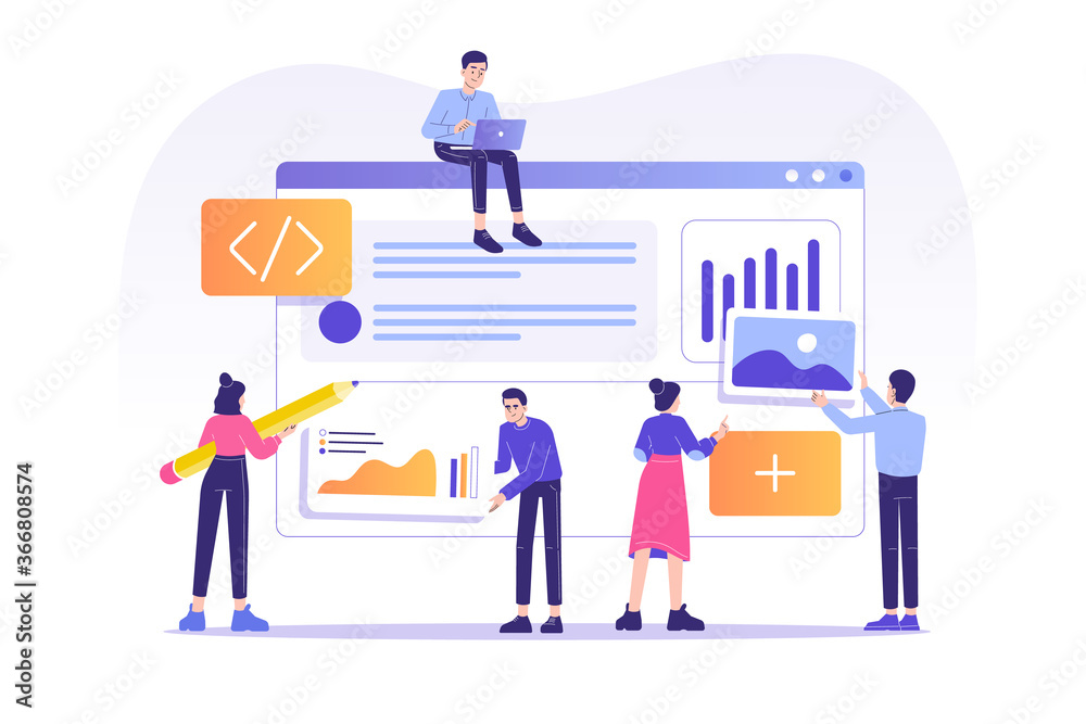 Web design and development concept. Developer team designing and creating a website. Modern isolated vector illustration for web, banner, poster, flyer, ui