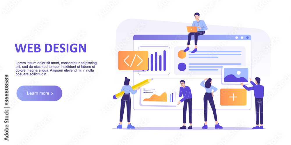Web design and development concept. Developer team designing and creating a website. Landing page template. Modern isolated vector illustration for web banner