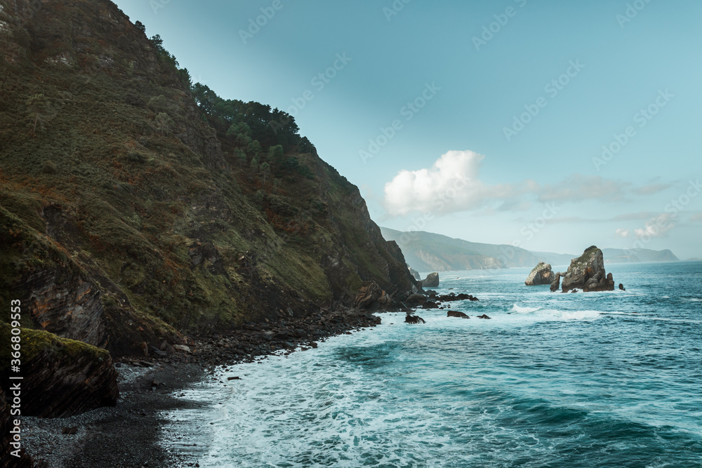 Scenery view of ocean with pure water and waves forming foam while touching hillside covered with plants and grass in daylight Scenery view of ocean with pure water and waves forming foam while touching hillside covered with plants and grass in daylight