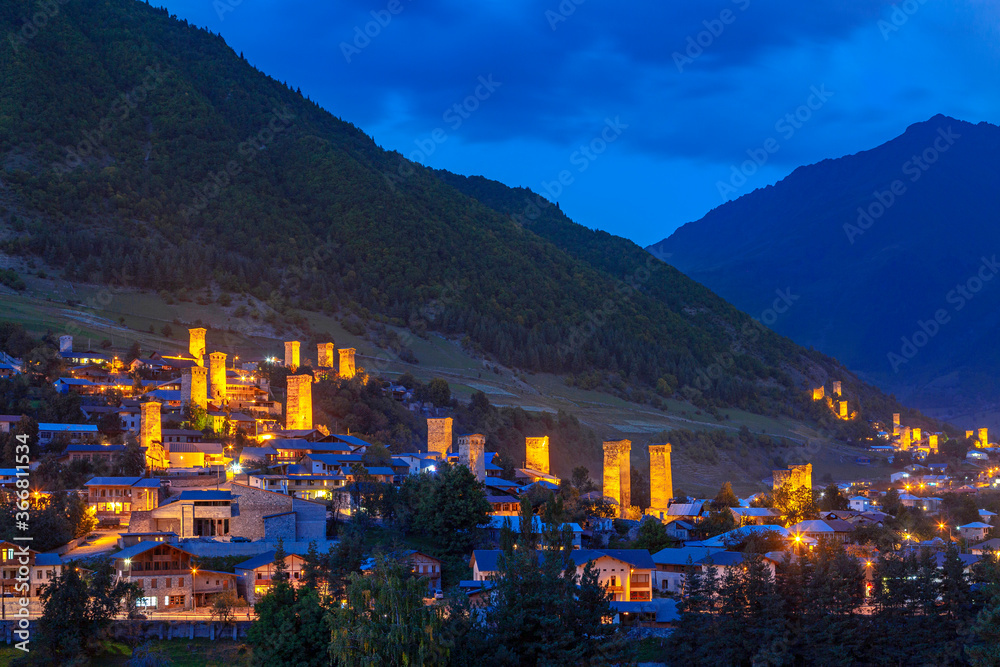 Mountain town Mestia in the Caucasus Mountains, at the twilight, Georgia