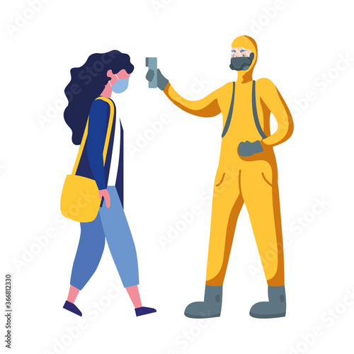 man with protective suit checking woman temperature vector design