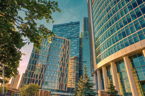 Corporate buildings in sunset lights