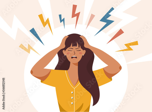 Stress, irritation factors, housekeeping, overwork, badmood. Flat vector illustration of female with open mouth, clutching at head with both hands, suffering from headache, panic, fright, depression. photo