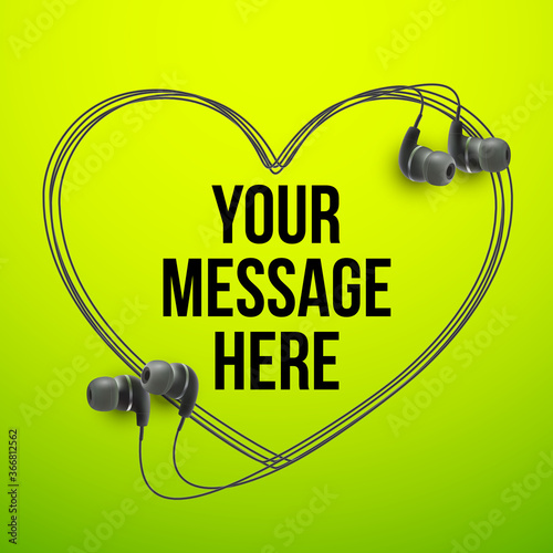 Innovative vector music quotation template in headphones quotes on the Green backdrop. Creative vector banner illustration with quote in a frame with Black quotes. Template modern headset design.