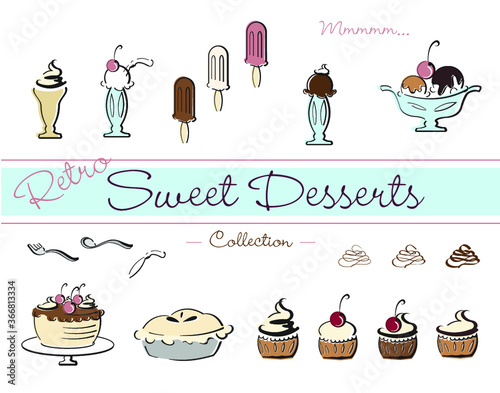 Retro Set of Sweet Desserts and Ice Cream