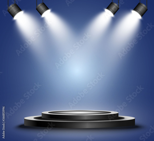 Round podium, pedestal or platform, illuminated by spotlights in the background. Vector illustration. Bright light. Light from above. Advertising place