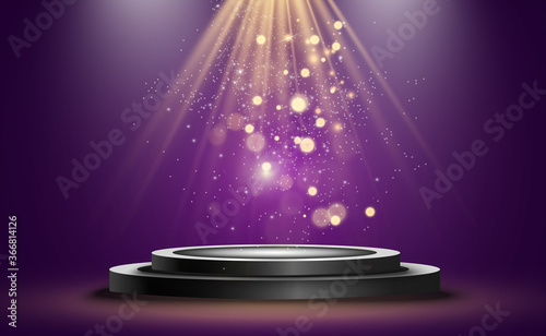 Round podium, pedestal or platform, illuminated by spotlights in the background. Vector illustration. Bright light. Light from above. Advertising place