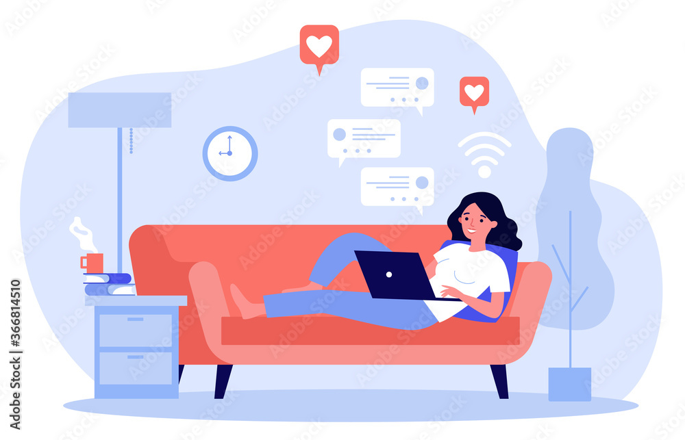 Beautiful woman relaxing at sofa with laptop computer flat illustration. Young girl staying at home and chatting with friends via digital device. Digital technology and entertainment concept.
