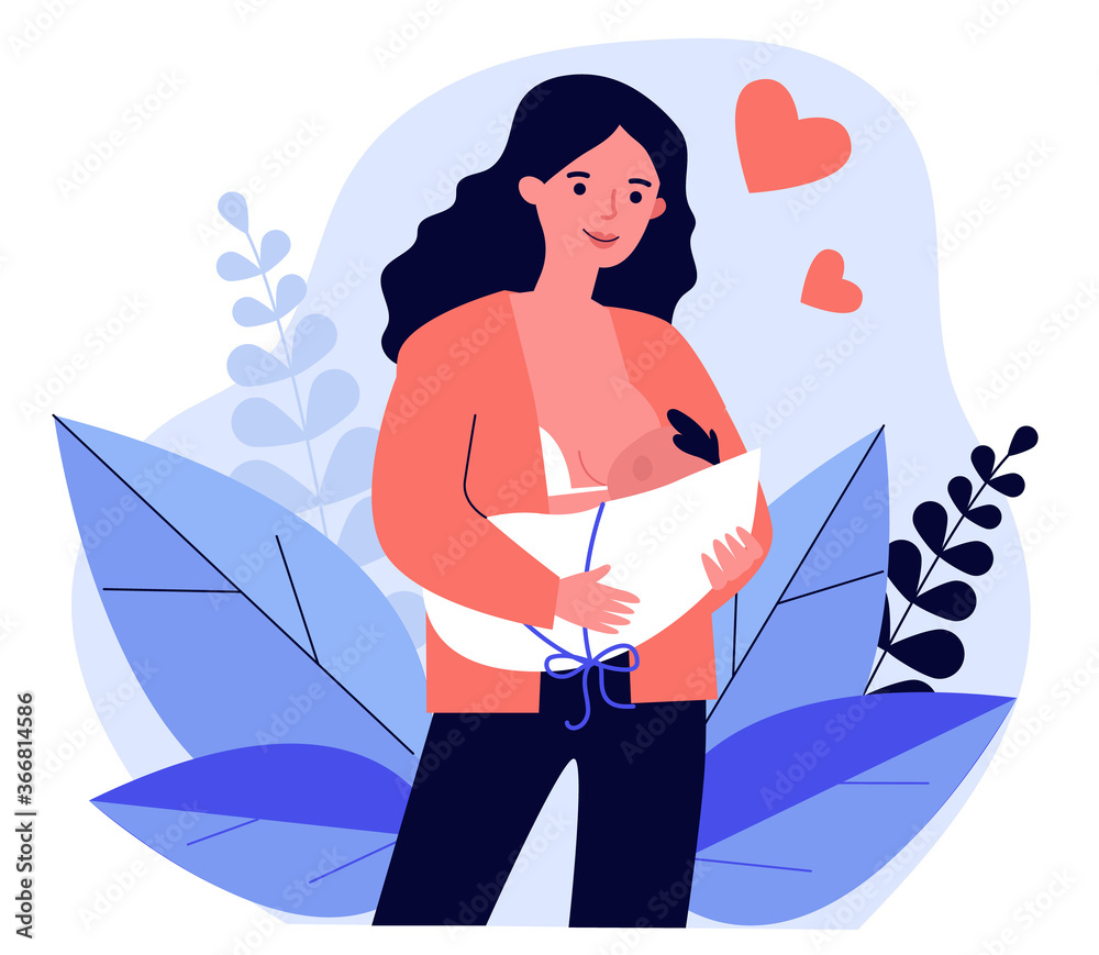 Ilustração do Stock: Happy cartoon mom breastfeeding baby flat  illustration. Young mother giving milk to infant. Natural feeding via  breast. Healthy nutrition, motherhood and parenting concept | Adobe Stock