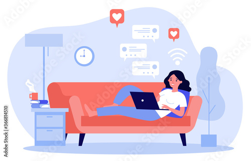 Beautiful woman relaxing at sofa with laptop computer flat illustration. Young girl staying at home and chatting with friends via digital device. Digital technology and entertainment concept.