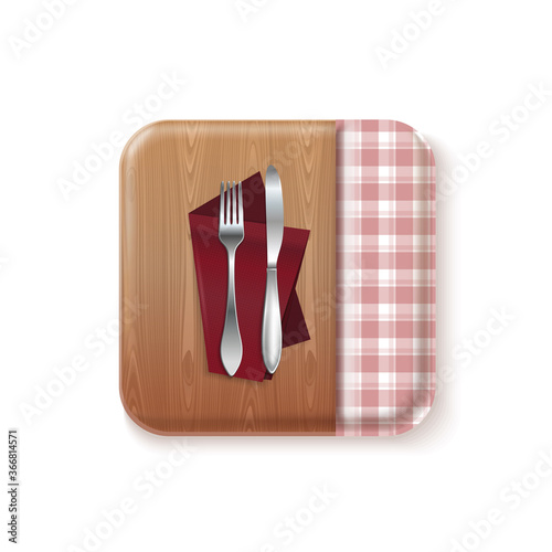 Bon appetit kitchen logo concept design. Knife and fork on a wooden table with tablecloth. Realistic vector illustration