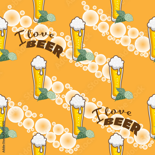Vector Seamless Pattern with Glass of Beer and Hop Cone on Orange Background for Beer Lover