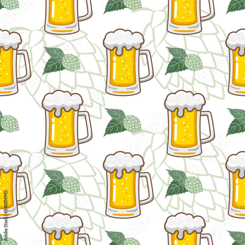 Vector Seamless Pattern with Mug of Beer and Hop Cone on White Background