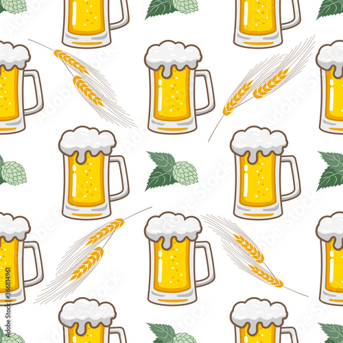 Vector Seamless Pattern with Mug of Beer and Hop Cone on White Background