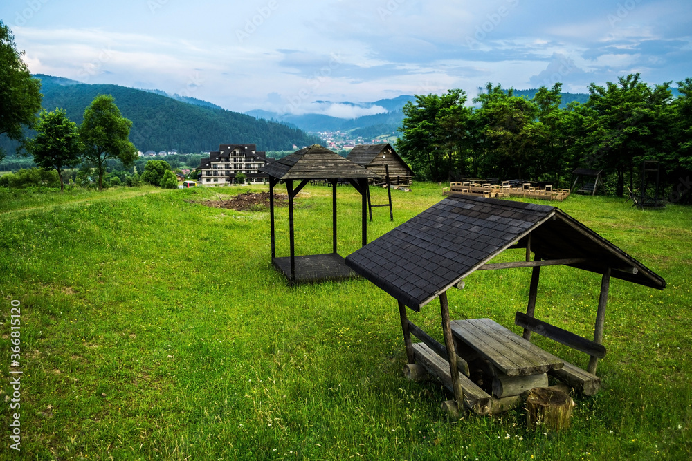 Landscape with rustic constructions for picnic and recreation