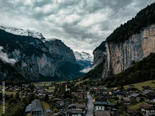 Lauterbrunnen Valley, Swiss Alps, Waterfall in Switzerland, Old Mountain Church