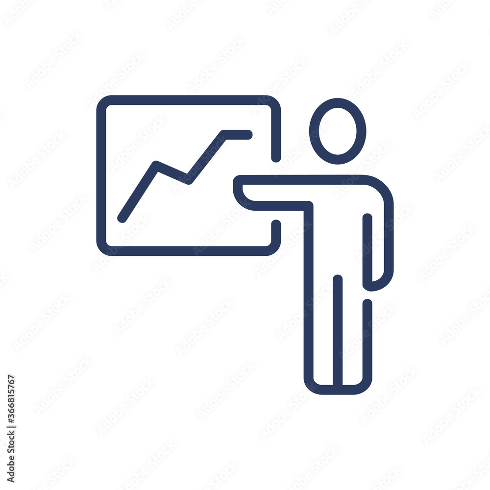 Project presentation thin line icon. Speaker pointing hand at chart on board isolated outline sign. Meeting, conference, business concept. Vector illustration symbol element for web design and apps Project presentation thin line icon. Speaker pointing hand at chart on board isolated outline sign. Meeting, conference, business concept. Vector illustration symbol element for web design and apps