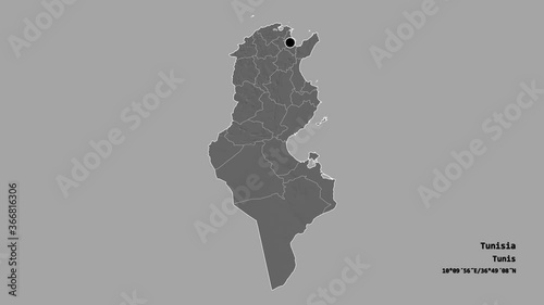 Bizerte, governorate of Tunisia, with its capital, localized, outlined and zoomed with informative overlays on a bilevel map in the Stereographic projection. Animation 3D photo