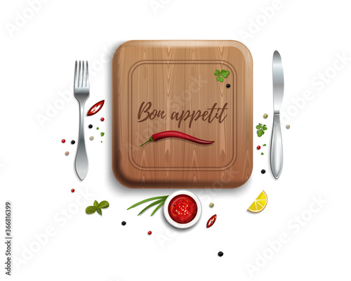 Fork, knife and cutting board. Lettering - Bon appetit. Kitchen table conceptual design. Vector illustration