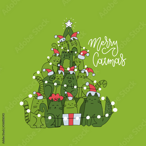 Cute christmas card with christmas tree made of cats. Green square greeting card with lettering linear greeting text Merry Christmas.