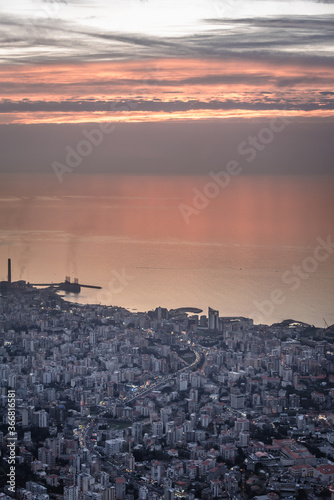 Zouk Mikael and Kaslik cities on the Mediterranean Sea coast seen from shrine in Harissa town, Lebanon photo