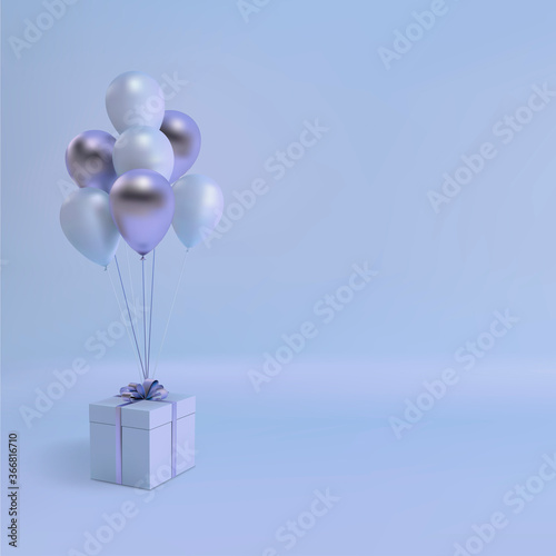 Vector illustration of realistic balloons and gift box with bow on purple background. Empty space for party, promotion social media banners, posters.
