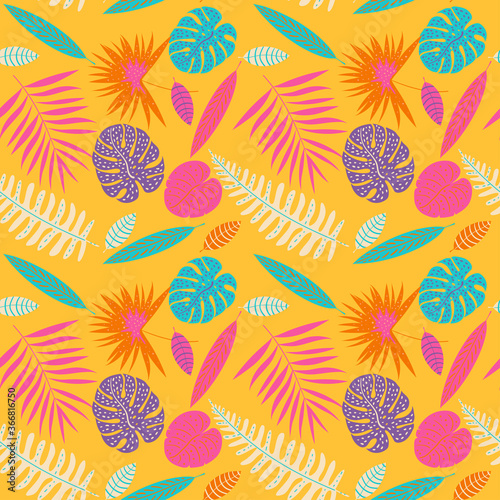 Palm  monstera leaves seamless pattern. Summer tropical leaf. Geometric backdrop. Exotic hawaiian jungle  summertime background in pastel colors