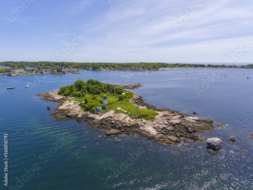 Ten Pound Island Lighthouse on Ten Pound Island aerial view, Gloucester, Cape Ann, Massachusetts MA, USA.