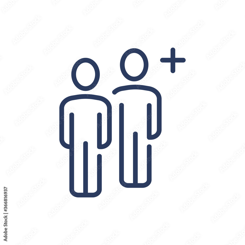 Two team members and add symbol thin line icon. Team, community, plus, cross isolated outline sign. People, human resource, community concept. Vector illustration symbol element for web design Two team members and add symbol thin line icon. Team, community, plus, cross isolated outline sign. People, human resource, community concept. Vector illustration symbol element for web design