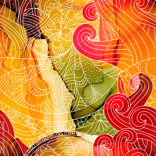 Vector fluid alcohol ink seamless background. Colorful watercolor abstract painting closeup. Hand drawn pattern, simple dynamic shapes, sketch art