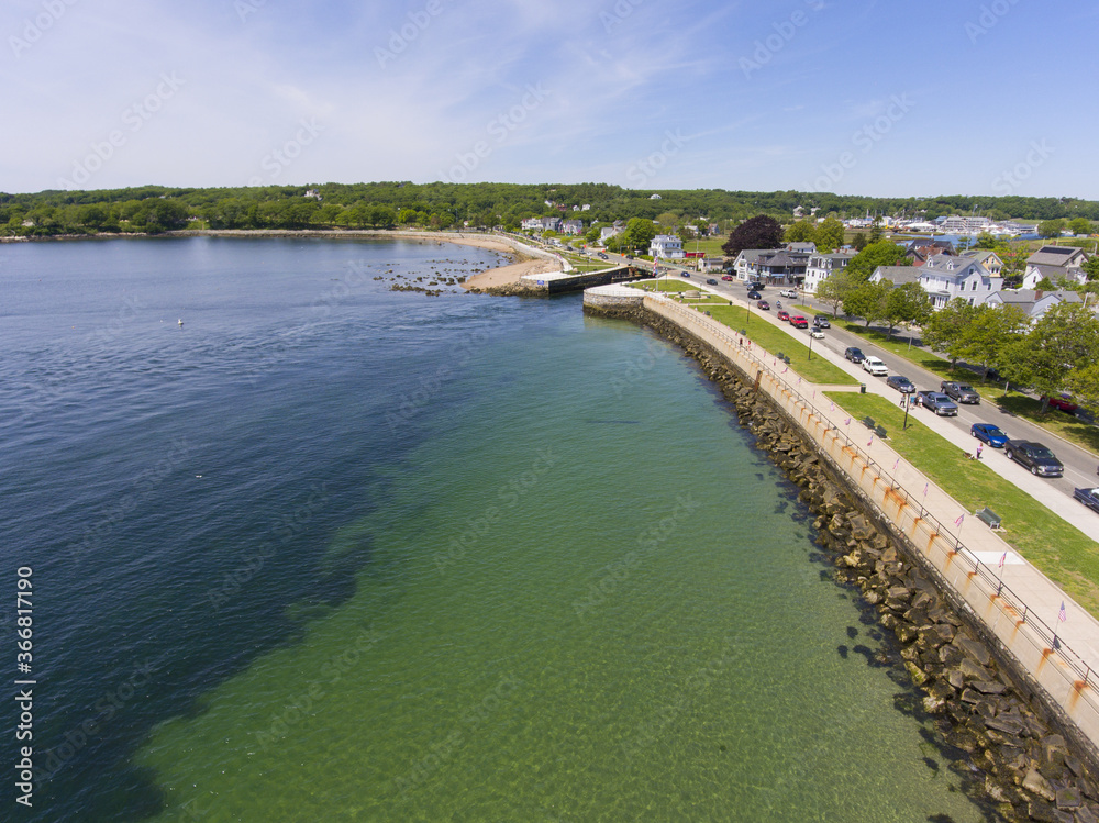 Annisquam River Estuary aerial view at Gloucester Harbor in Gloucester, Cape Ann, Massachusetts MA, USA. The river is connected to Gloucester Harbor by Blynman Canal.