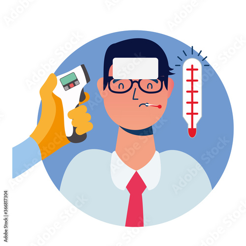 Hand holding thermometer gun checking man temperature vector design