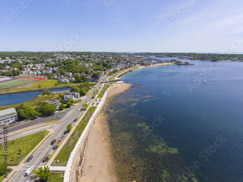 Annisquam River Estuary aerial view at Gloucester Harbor in Gloucester, Cape Ann, Massachusetts MA, USA. The river is connected to Gloucester Harbor by Blynman Canal. © Wangkun Jia