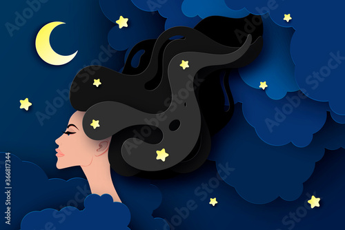 Vector portrait of sleeping young beautiful woman with long wavy hair. Fluffy paper clouds, moon and stars. Sweet dreams concept. Modern digital paper layered art. Origami style.