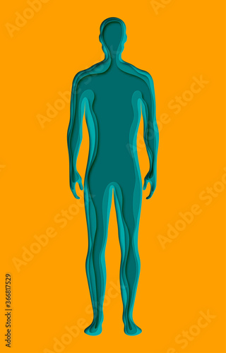Modern poster with layered cut out colored paper human silhouette. Deep paper art origami style.