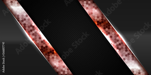 Abstract realistic silver pink glossy metallic cyber lights on dark black hexagon mesh luxury futuristic background