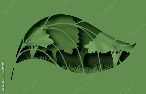 Paper elegant leaf hole with trees and grass layer cut abstract background. Ecology and environment conservation concept. Paper art style. Vector illustration.