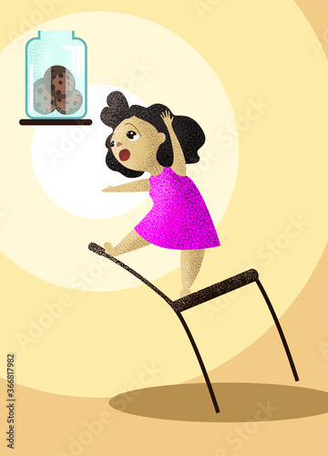 a cute little girl reaches out on a chair for cookies. ideal for printing book images, covers, and postcard flyers. EPS 10