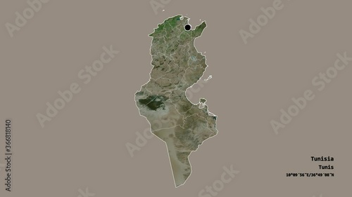 Jendouba, governorate of Tunisia, with its capital, localized, outlined and zoomed with informative overlays on a satellite map in the Stereographic projection. Animation 3D photo