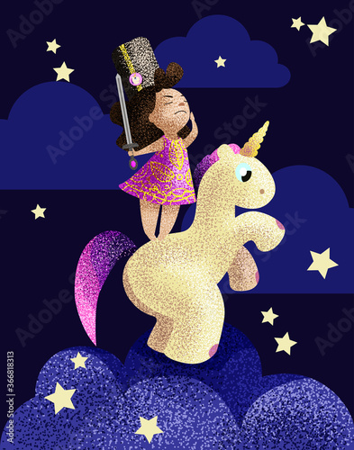 a cute little girl among the clouds stands like a soldier on a unicorn . ideal for printing book images, covers, and postcard flyers. EPS 10