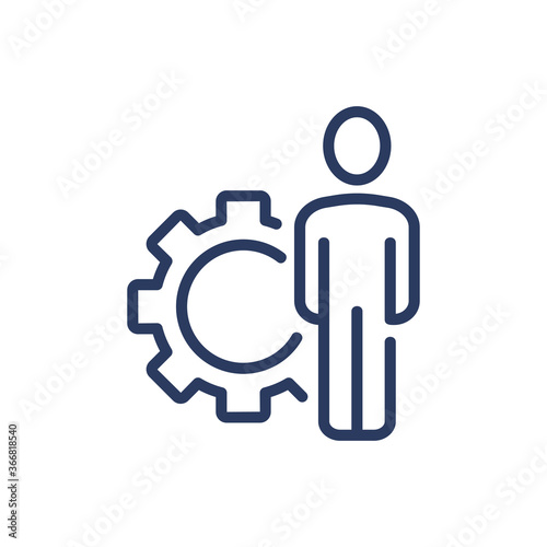 User settings thin line icon. Person, gear, cogwheel isolated outline sign. People, technical support, engineering concept. Vector illustration symbol element for web design and apps